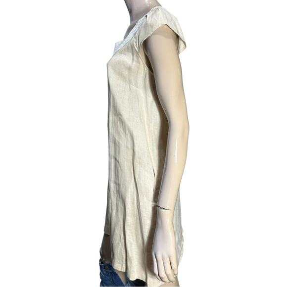 Calypso St Barth Women’s Size M Tan Beige Linen White Sequin Neck Mini Dress - Picture 4 of 10